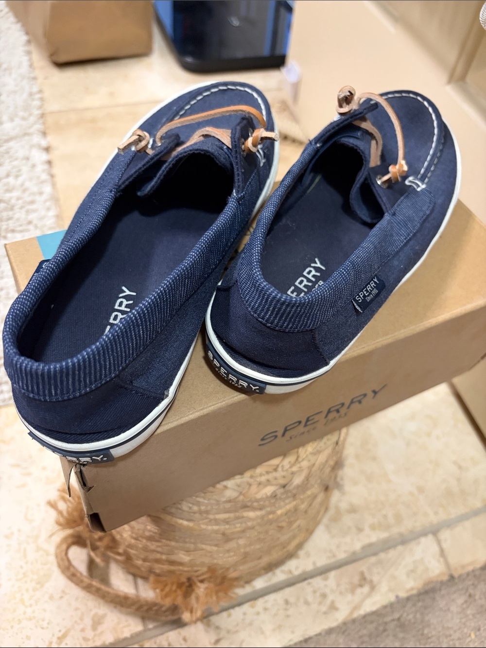Sperry Navy Canvas Boat Shoes with Tan Laces - Picture 2 of 4